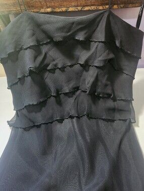 Black Ruffle GlitteredTiered Maxi Dress w/ 💯% Silk Underlay, Spaghetti Straps